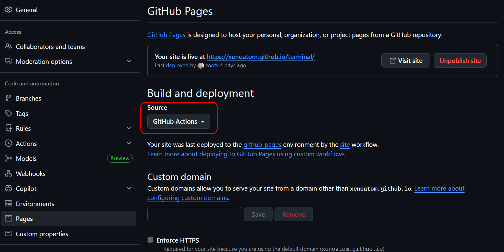 GitHub Pages settings — select "GitHub Actions" as the source